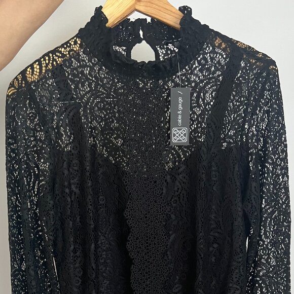 🖤 Cable & Gauge Black Lace Mock Neck Blouse - L/G - Picture 2 of 11